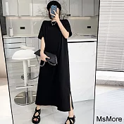 【MsMore】 韓版寬鬆ins超火過膝棉T恤女短袖長版連身裙# 113477 L 黑色