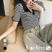 【Lockers 木櫃】夏季休閒小V領條紋上衣 L111080814 M 黑色