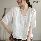【AMIEE】復古雙排扣V領休閒短袖上衣(KDT-6035) XL 白色