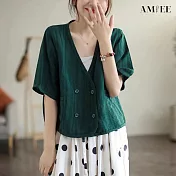 【AMIEE】復古雙排扣V領休閒短袖上衣(KDT-6035) XL 綠色
