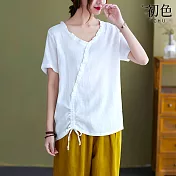【初色】復古素色荷葉邊棉麻風斜襟T恤上衣-共3色-62729(M-2XL可選) XL 白色