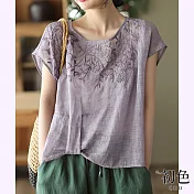 【初色】素色復古風花草刺繡圓領T恤上衣-共4色-62735(M-2XL可選) XL 紫色