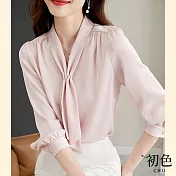 【初色】氣質優雅領巾造型七分袖襯衫上衣-粉紅色-63438(M-2XL可選) 2XL 粉紅色