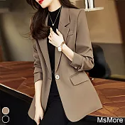 【MsMore】 秋裝新款OL純色休閒時尚高級感長袖修身寬鬆高挑西裝長版外套 # 113701 XL 咖色