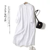 【ACheter】 日式寬鬆休閒長袖棉麻襯衫連衣長版洋裝外罩 # 113738 L 白色