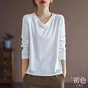 【初色】素色V領寬鬆長袖T恤上衣-共5色-63398(M-2XL可選) M 白色