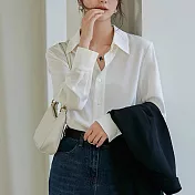 【MsMore】 秋時尚純色簡約圖曼朵綠色長袖絲質寬鬆百搭襯衫上衣# 113804 M 白色