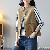 【ACheter】 文藝休閒百搭寬鬆顯瘦復古馬甲立領大碼無袖百搭棉質背心短外套# 113824 L 卡其