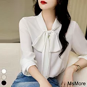 【MsMore】 優雅立領飄帶垂墜順滑純色長袖寬鬆修身襯衫短版上衣# 113726 XL 白色