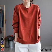 【ACheter】 圓領純色百搭長袖t恤大碼寬鬆顯瘦簡約中長上衣 # 113935 M 紅色
