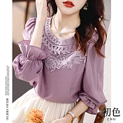 【初色】圓領蕾絲刺繡喇叭袖T恤上衣-紫色-63549(M-2XL可選) 2XL 紫色