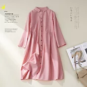 【ACheter】 優雅法式亞麻感襯衫粉嫩長袖可攀寬鬆長版洋裝# 114028 M 粉紅色