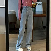 【MsMore】 復古藍直筒闊腿牛仔褲寬鬆高腰垂感顯瘦拖地長褲 # 114047 L 藍色