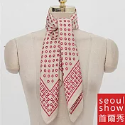 seoul show首爾秀 馬蹄圖案方領巾仿真蠶絲緞面頭巾雪紡絲巾 紅色