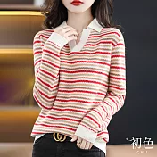 【初色】翻領寬鬆條紋刺繡針織衫上衣-共3色-63733(F可選) F 紅色