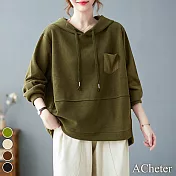 【ACheter】 秋冬新品復古口袋休閒連帽棉T百搭寬鬆長袖中長版上衣# 113581 L 綠色