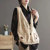 【ACheter】 文藝復古V領針織開衫馬夾春季新款鉤花鏤空寬鬆背心短版外套# 114154 FREE 杏色