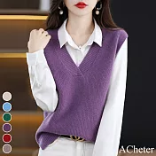 【ACheter】 秋冬新款簡約純色馬甲針織V領無袖毛衣短版背心# 114122 FREE 深紫