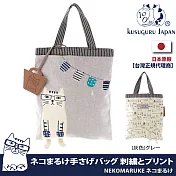 【Kusuguru Japan】日本眼鏡貓NEKOMARUKE貓丸系列陽光曬曬條紋配色萬用手提包(加贈皮質造型掛飾) -灰色