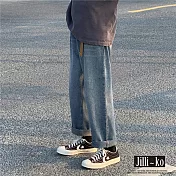【Jilli~ko】復古水洗休閒直筒寬鬆牛仔長褲 L-XXL J9337  XL 牛仔藍