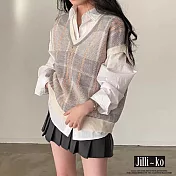 【Jilli~ko】復古格紋V領毛衣背心 J9508  FREE 灰色