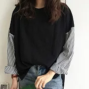 【MsMore】 春秋新款韓風寬鬆百搭圓領條紋拼接長袖t恤假2件短版上衣 # 114164 XL 黑色