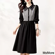【MsMore】 時尚休閒寬鬆韓版收腰顯瘦拼接長袖連身裙長版洋裝 # 114247 M 黑色