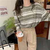 【AMIEE】設計感彩色條紋長袖T恤(KDT-8503) XL 軍綠