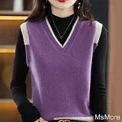 【MsMore】 V領拼色寬鬆套頭坎肩毛衣針織衫短版背心上衣 # 114211 FREE 紫色