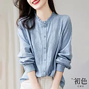 【初色】立領襯衫壓紋緹花上衣-藍色-63830(M-2XL可選) L 藍色