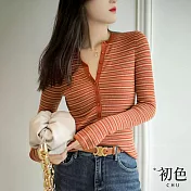 【初色】V領多鈕扣套頭條紋針織衫上衣-共3色-63964(F可選) F 橘色
