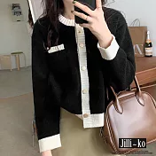 【Jilli~ko】韓版時尚配色針織圓領金釦短款毛衣外套 J9574  FREE 黑色