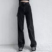 【MsMore】 黑灰寬鬆高腰斜邊顯瘦平腹設計感直筒拖地闊腿牛仔長褲# 114607 L 黑灰