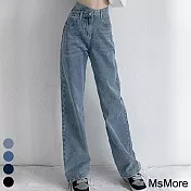 【MsMore】 黑灰寬鬆高腰斜邊顯瘦平腹設計感直筒拖地闊腿牛仔長褲# 114607 L 天空藍