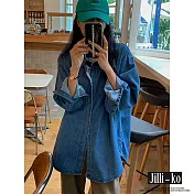 【Jilli~ko】日系復古休閒翻領中長款寬鬆牛仔襯衫 J9779 FREE 藍色