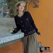 【Jilli~ko】韓版氣質金釦小香風圓領短款針織衫 J9739 FREE 黑色