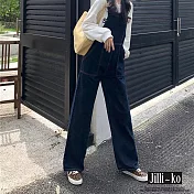 【Jilli~ko】韓版復古水洗牛仔大口袋背帶連身褲 J9807 FREE 深藍色