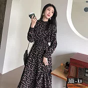 【Jilli~ko】冬季新款縮口領鬆緊腰碎花連衣裙 J9809 FREE 黑色