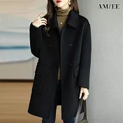 【AMIEE】簡約顯瘦修身毛呢外套(KDCQ-2143) M 黑色