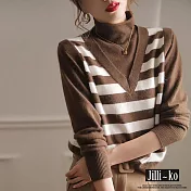 【Jilli~ko】假兩件V領氣質條紋馬甲高領針織衫 J9775  FREE 咖啡色