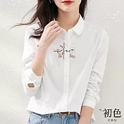 【初色】長袖襯衫刺繡圖案翻領上衣-共2色-65604(M-2XL可選) XL 白色