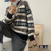 【Jilli~ko】復古幾何圖案條紋針織衫 6447  FREE 黑色