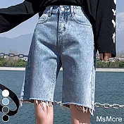 【MsMore】 高腰寬鬆直筒牛仔短褲顯瘦百搭休閒闊腿毛邊五分牛仔短褲# 114860 L 藍色