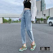 【Jilli~ko】高腰寬鬆直筒蘿蔔老爹褲九分牛仔褲 L-XXL J9896 L 藍色