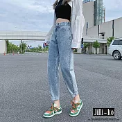 【Jilli~ko】高腰寬鬆直筒蘿蔔老爹褲九分牛仔褲 L-XXL J9896  L 藍色