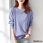 【MsMore】 簡約少女顯瘦粉嫩系圓領寬鬆長袖短版上衣# 115537 XL 紫色
