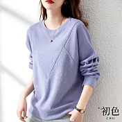 【初色】撞色立體圓領寬鬆顯瘦線條刺繡T恤上衣-共3色-64564(M-2XL可選) L 紫色