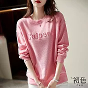 【初色】圓領素色立體字母刺繡寬鬆T恤上衣-共2色-64562(M-2XL可選) L 粉色