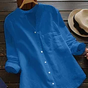 【ACheter】 棉麻襯衫長袖寬鬆大碼V領棉麻短版上衣# 115706 3XL 藍色