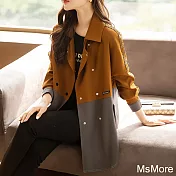 【MsMore】 新款雙排扣撞色拼接外套寬鬆顯瘦俐落長袖中長薄外套# 115741 L 棕色